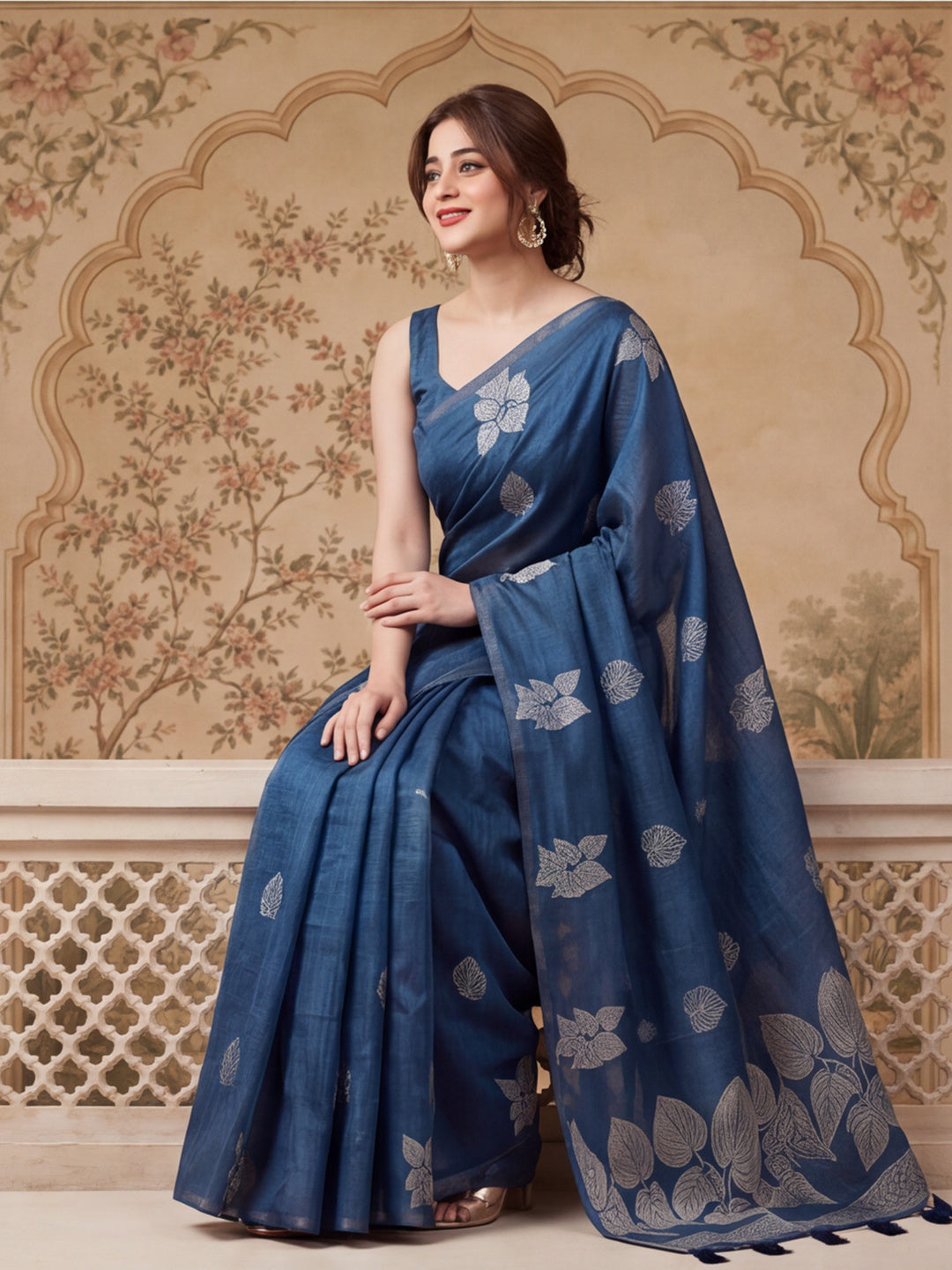 Women Blue Leaf Motif Woven Saree with Tassel Detail Pallu