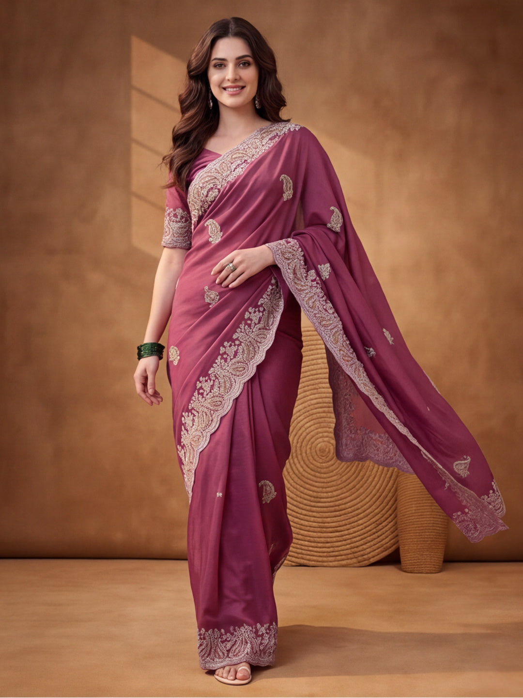 Pink Embroidered Saree with Paisley Motifs