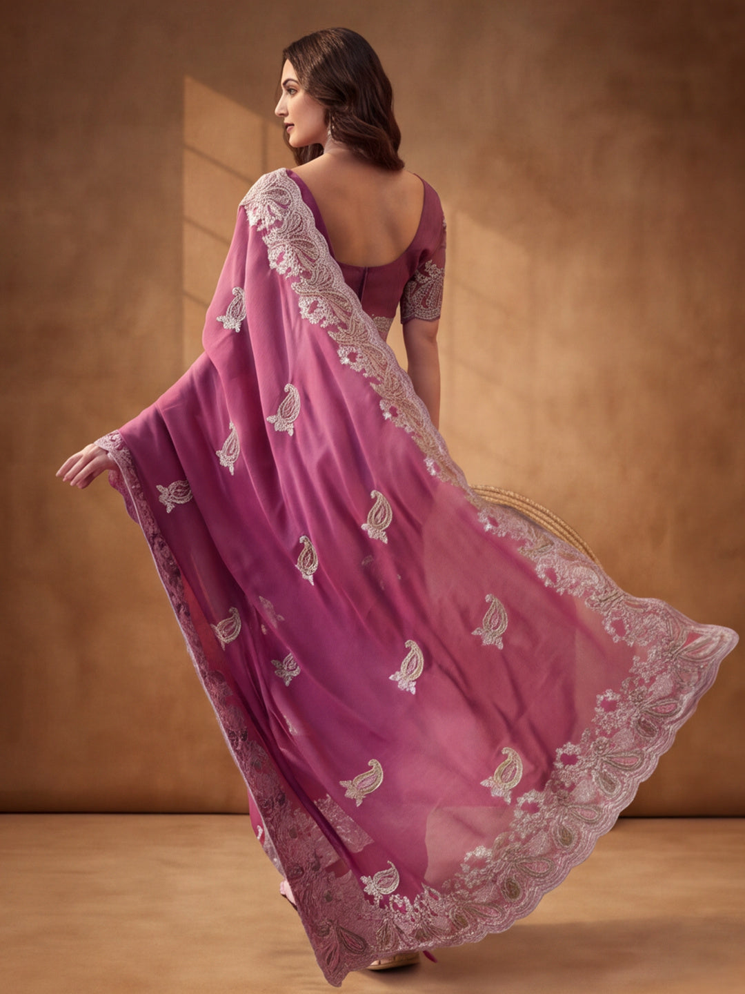 Pink Embroidered Saree with Paisley Motifs