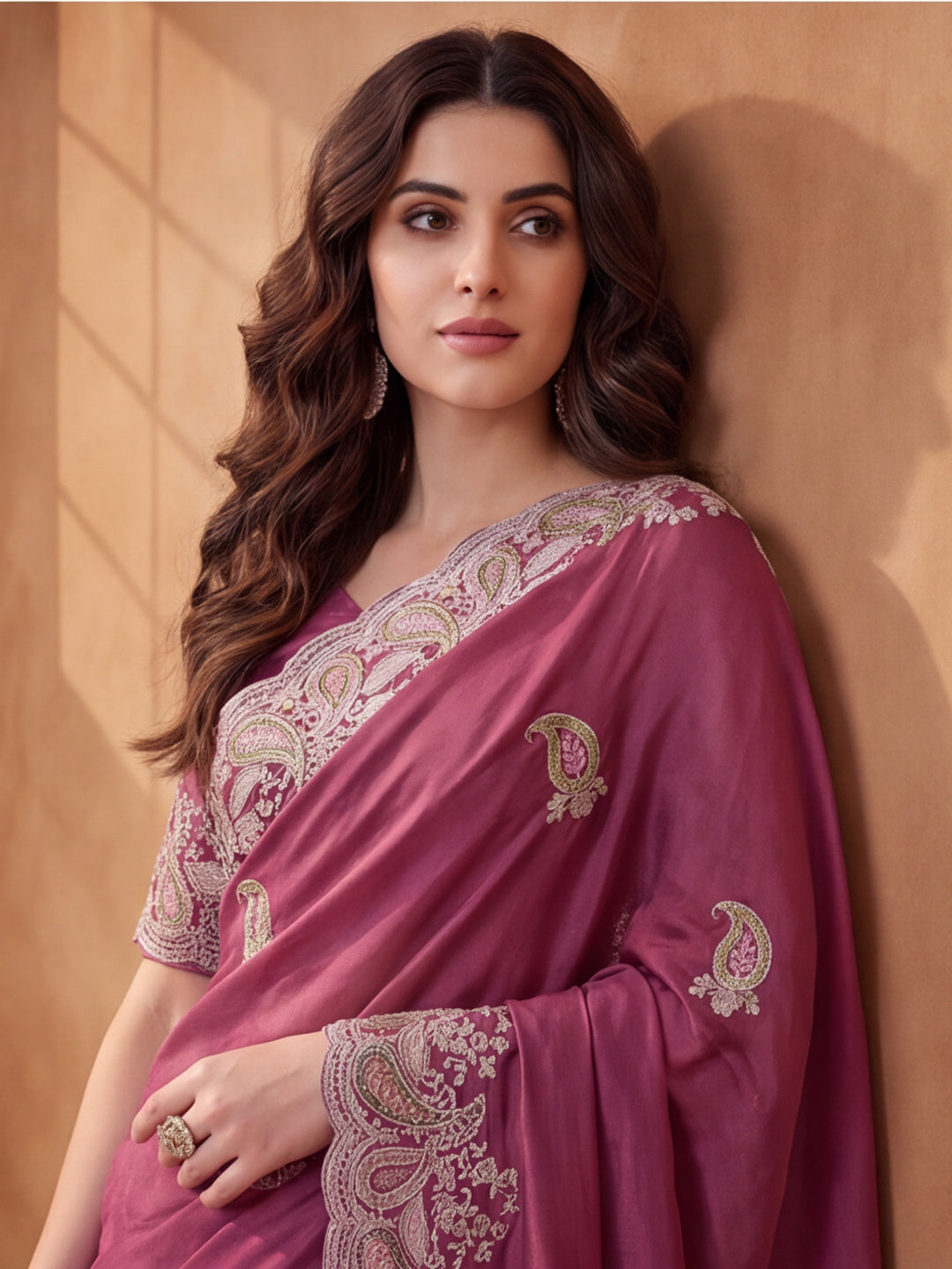 Pink Embroidered Saree with Paisley Motifs