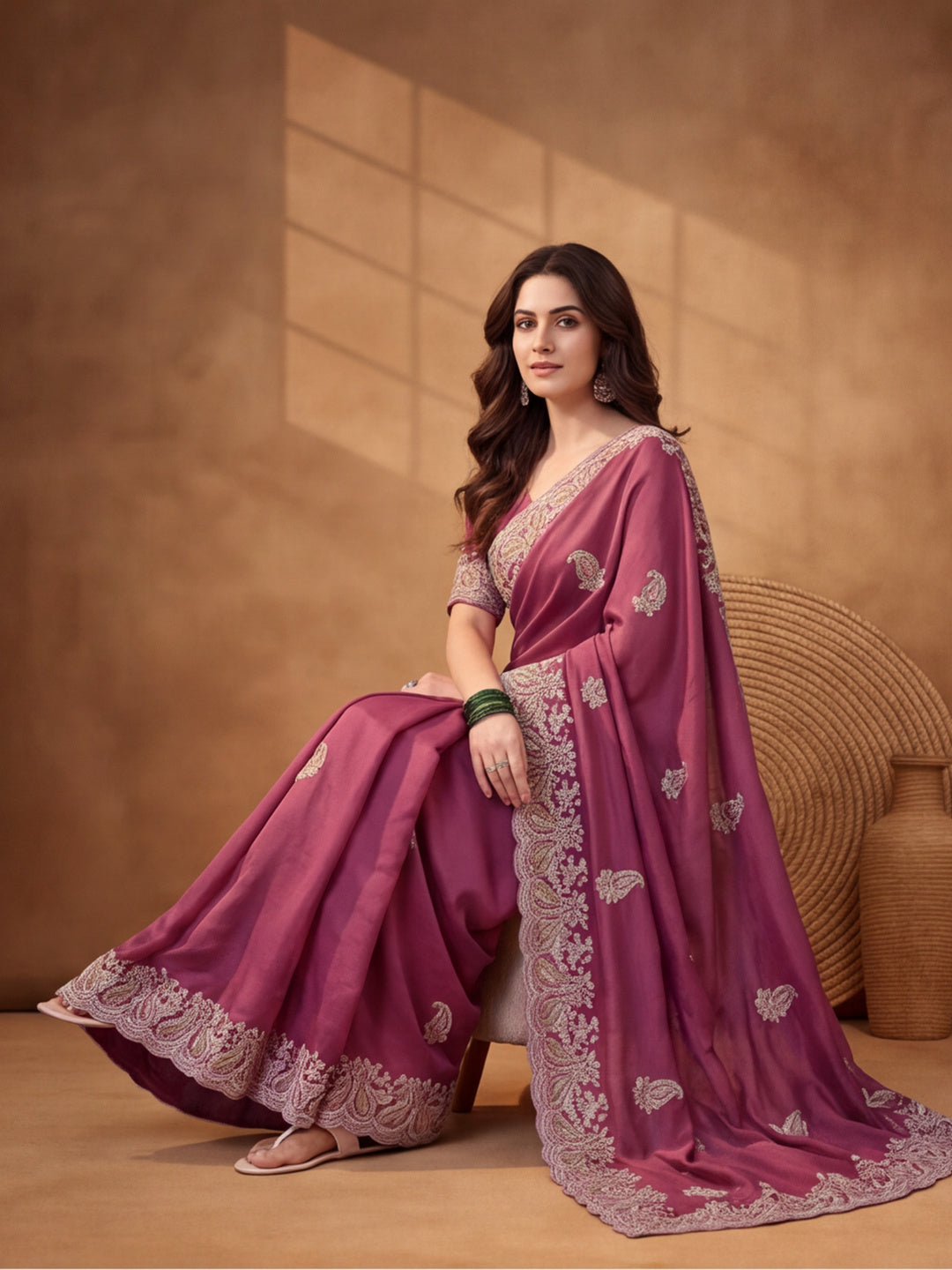 Pink Embroidered Saree with Paisley Motifs