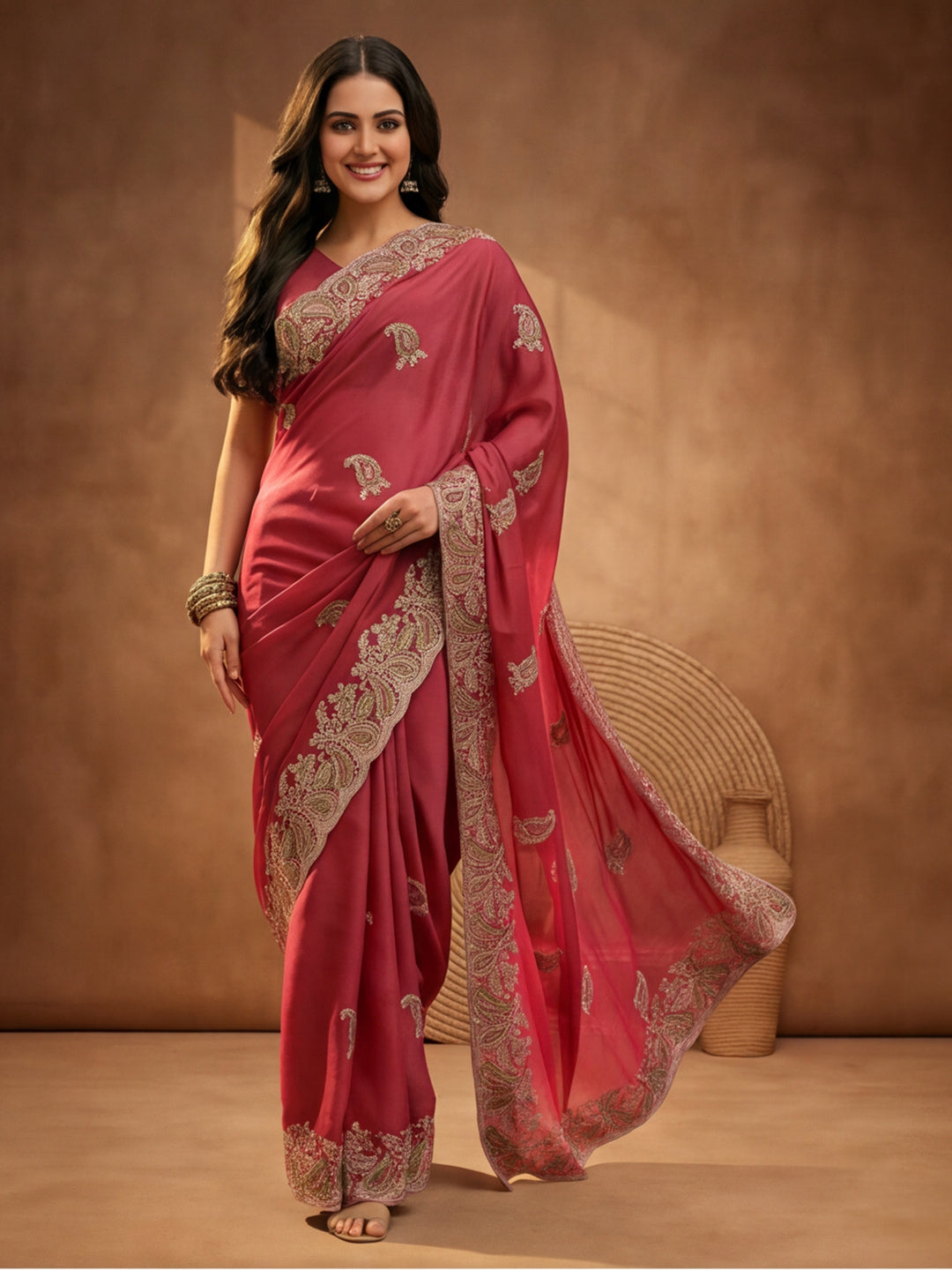 Peach Embroidered Saree with Paisley Motifs