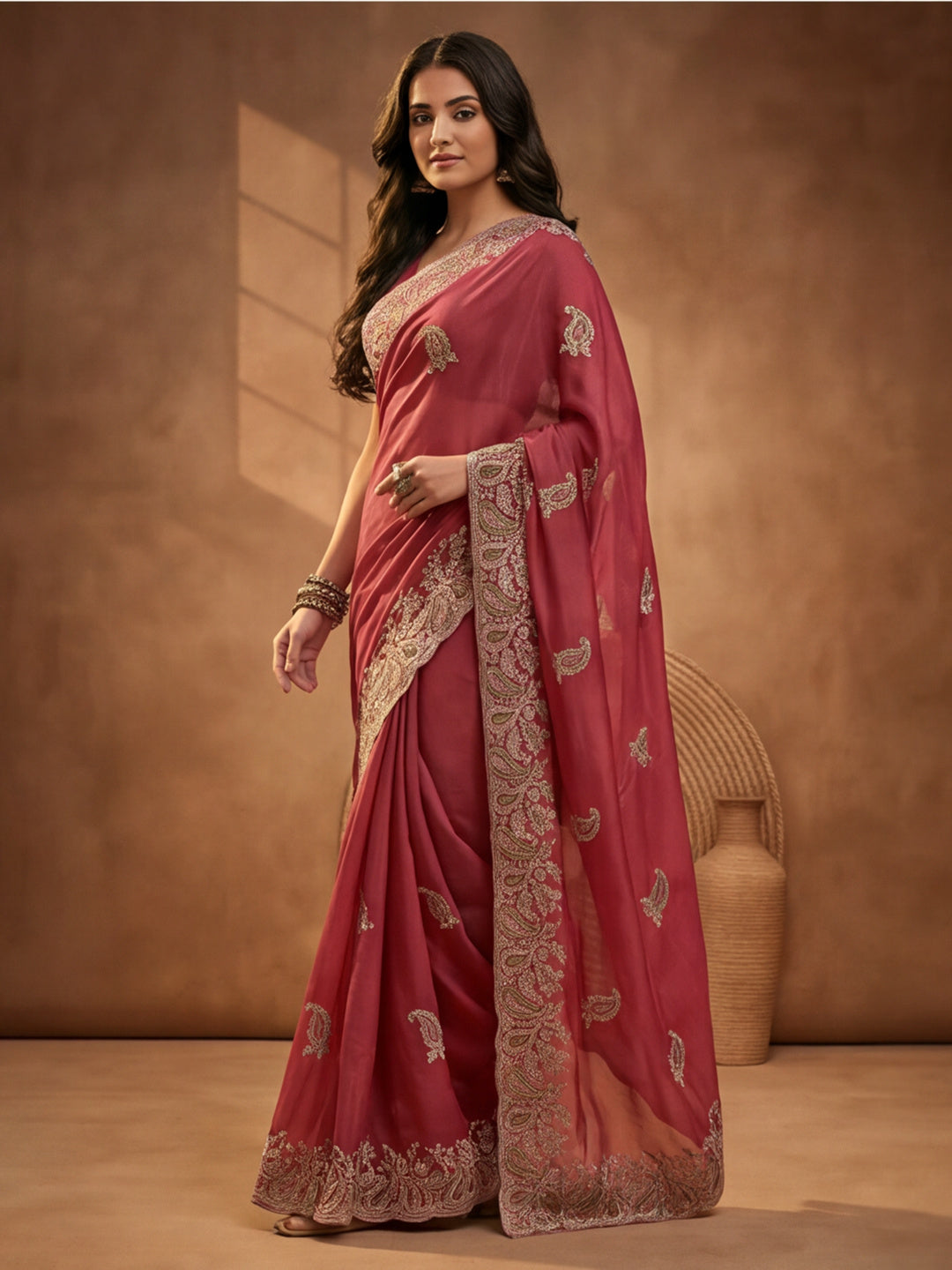 Peach Embroidered Saree with Paisley Motifs