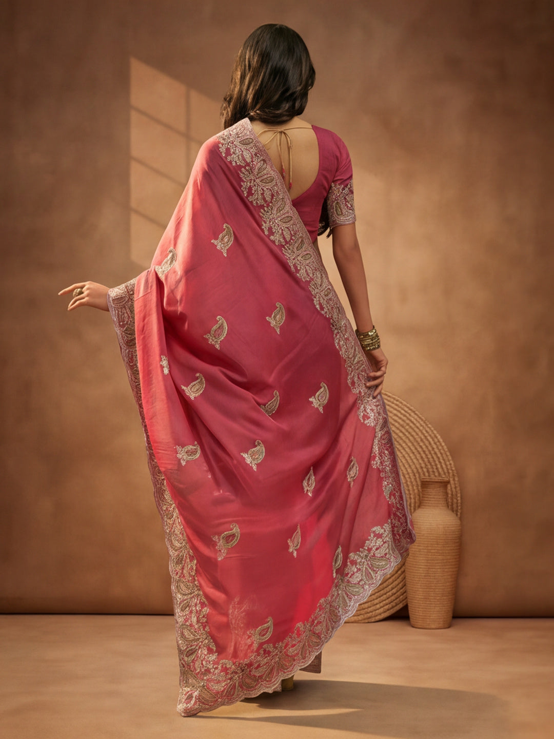 Peach Embroidered Saree with Paisley Motifs