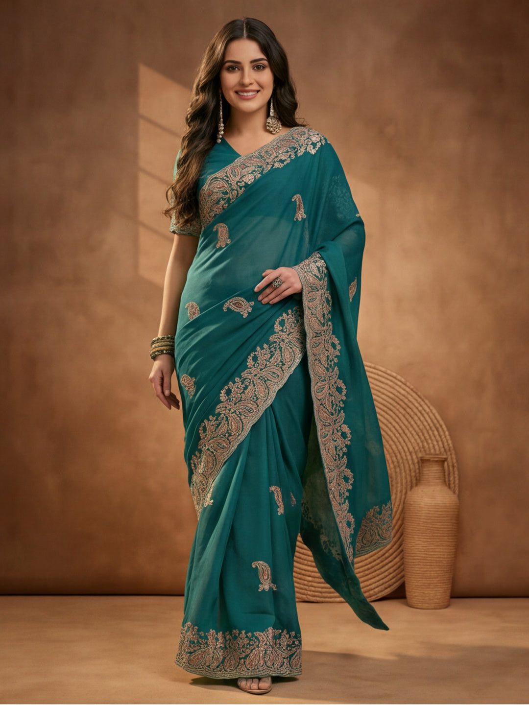 Teal Blue Embroidered Saree with Paisley Motifs