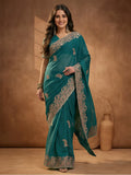 Teal Blue Embroidered Saree with Paisley Motifs