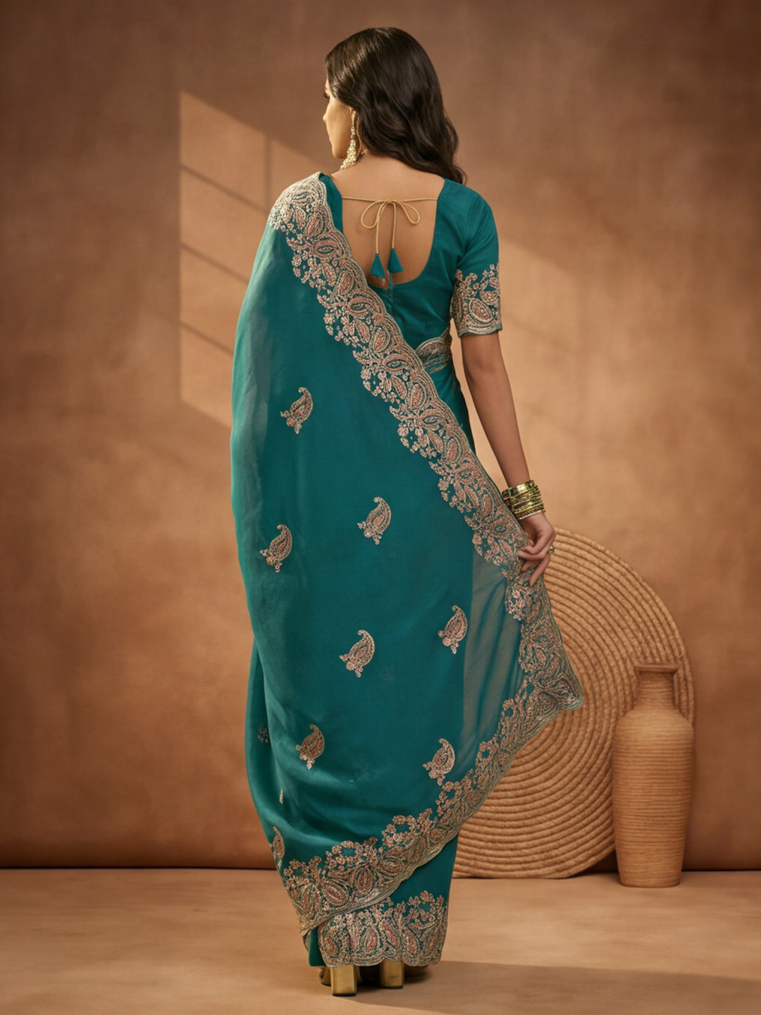 Teal Blue Embroidered Saree with Paisley Motifs