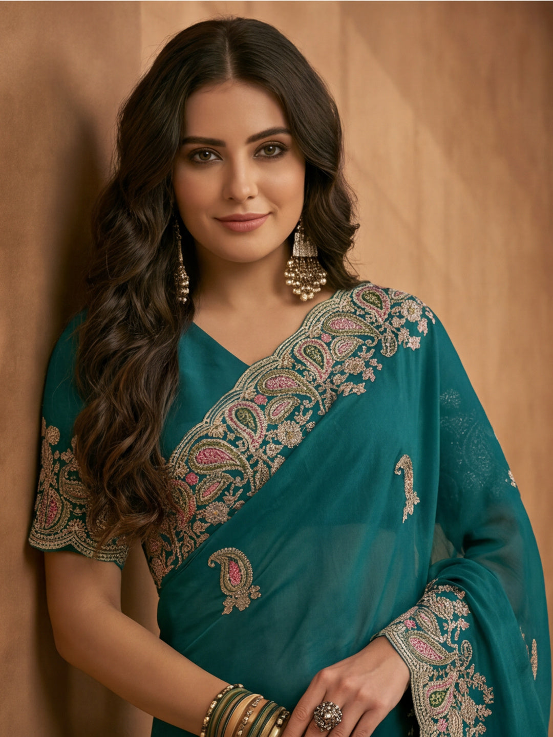Teal Blue Embroidered Saree with Paisley Motifs