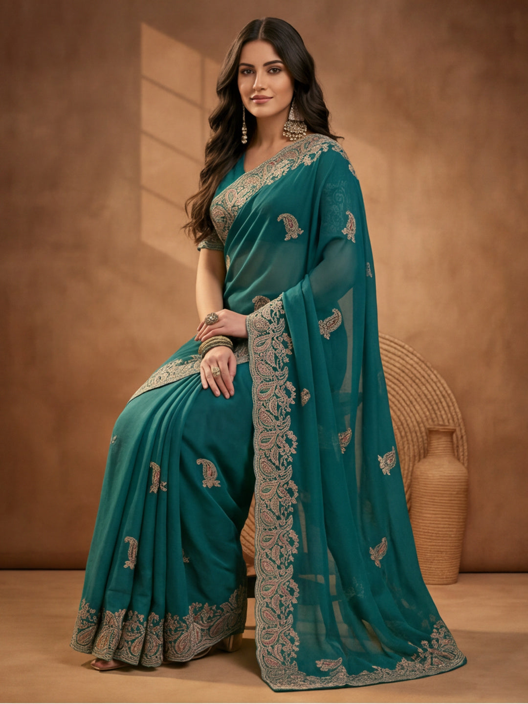 Teal Blue Embroidered Saree with Paisley Motifs