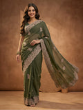 Olive Green Embroidered Saree with Paisley Motifs