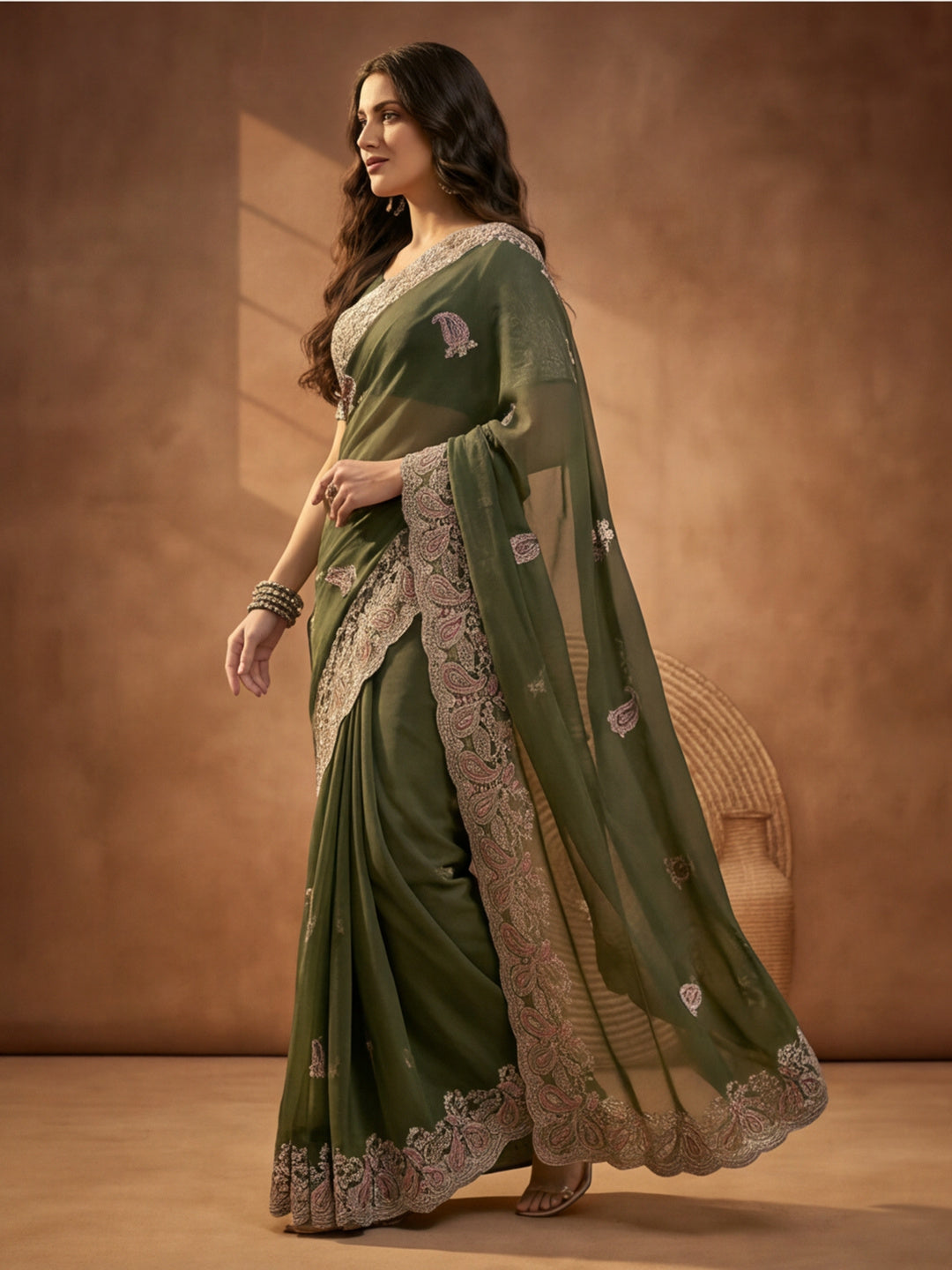 Olive Green Embroidered Saree with Paisley Motifs