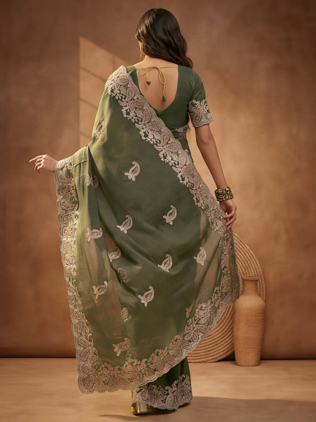 Olive Green Embroidered Saree with Paisley Motifs