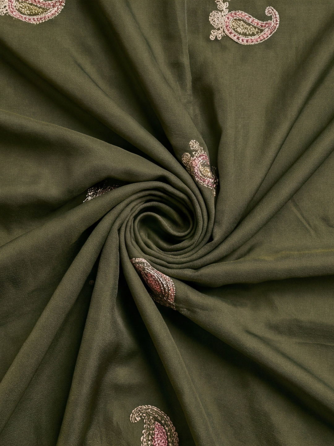 Olive Green Embroidered Saree with Paisley Motifs