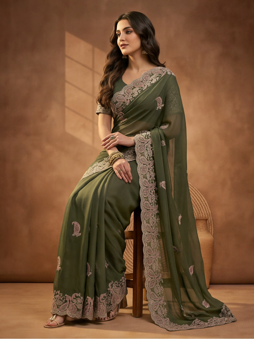Olive Green Embroidered Saree with Paisley Motifs