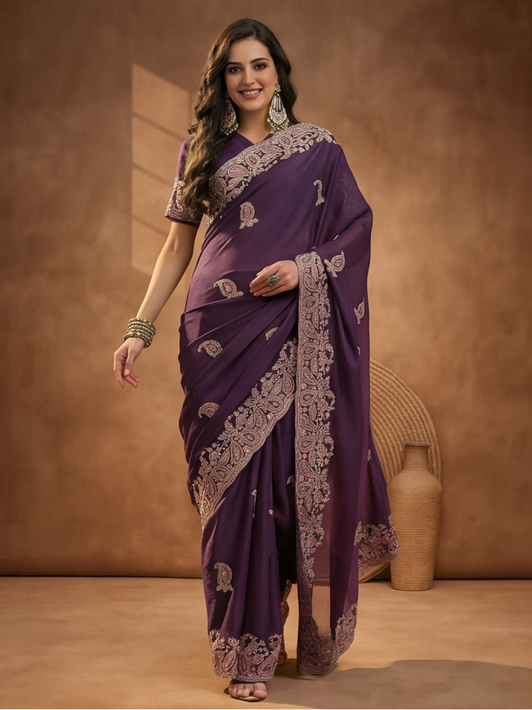 Purple Embroidered Saree with Paisley Motifs
