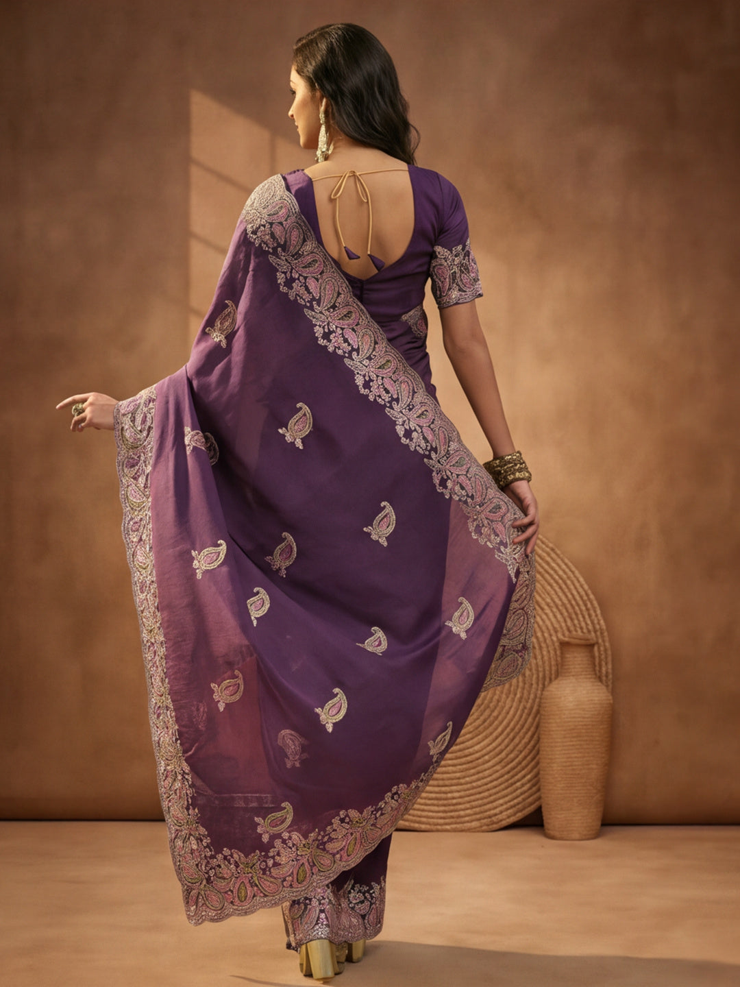 Purple Embroidered Saree with Paisley Motifs