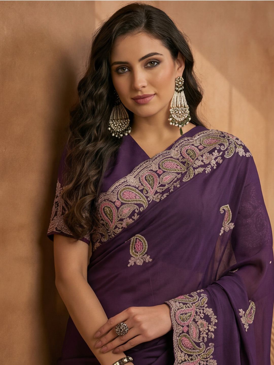 Purple Embroidered Saree with Paisley Motifs