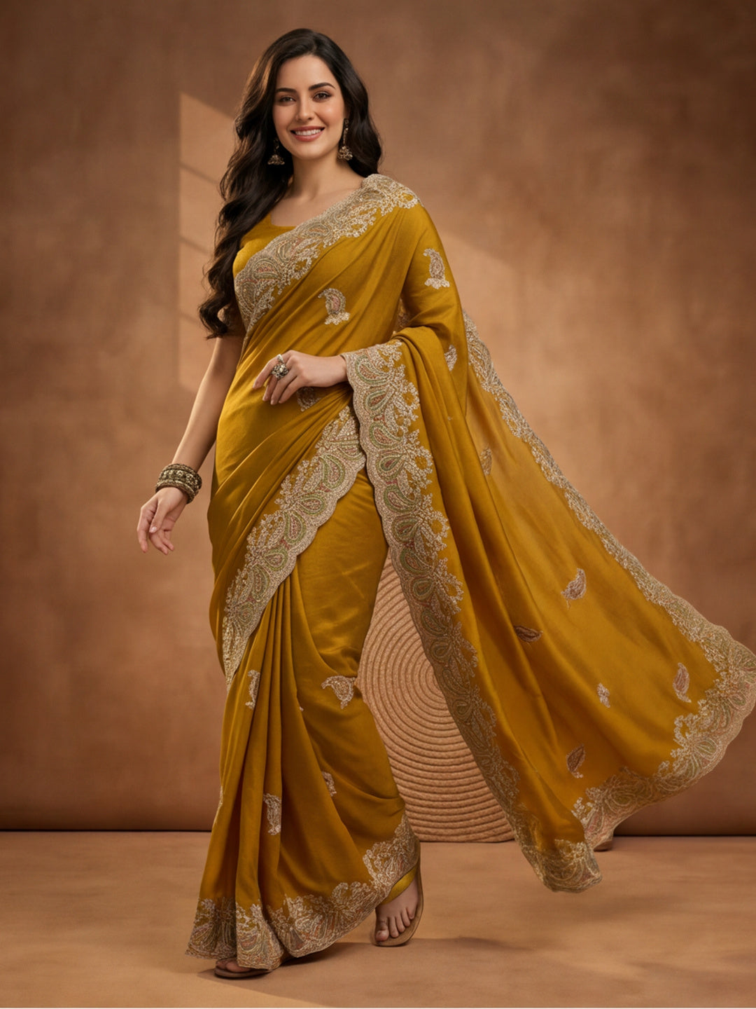 Mustard Embroidered Saree with Paisley Motifs