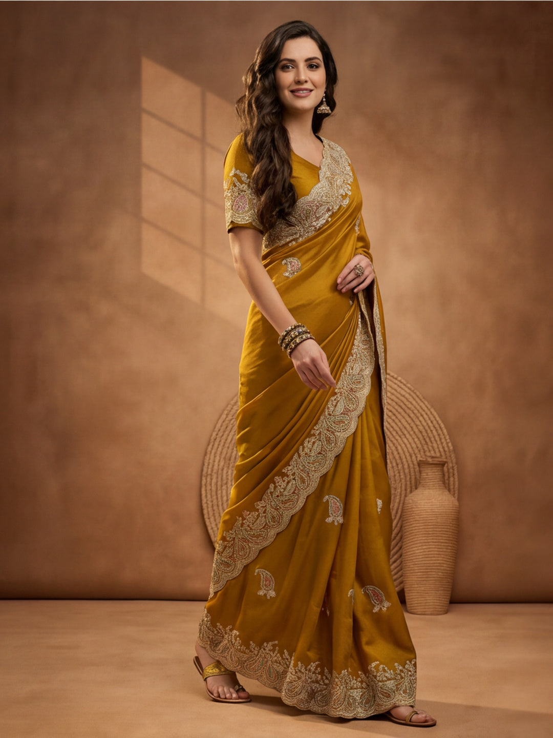 Mustard Embroidered Saree with Paisley Motifs