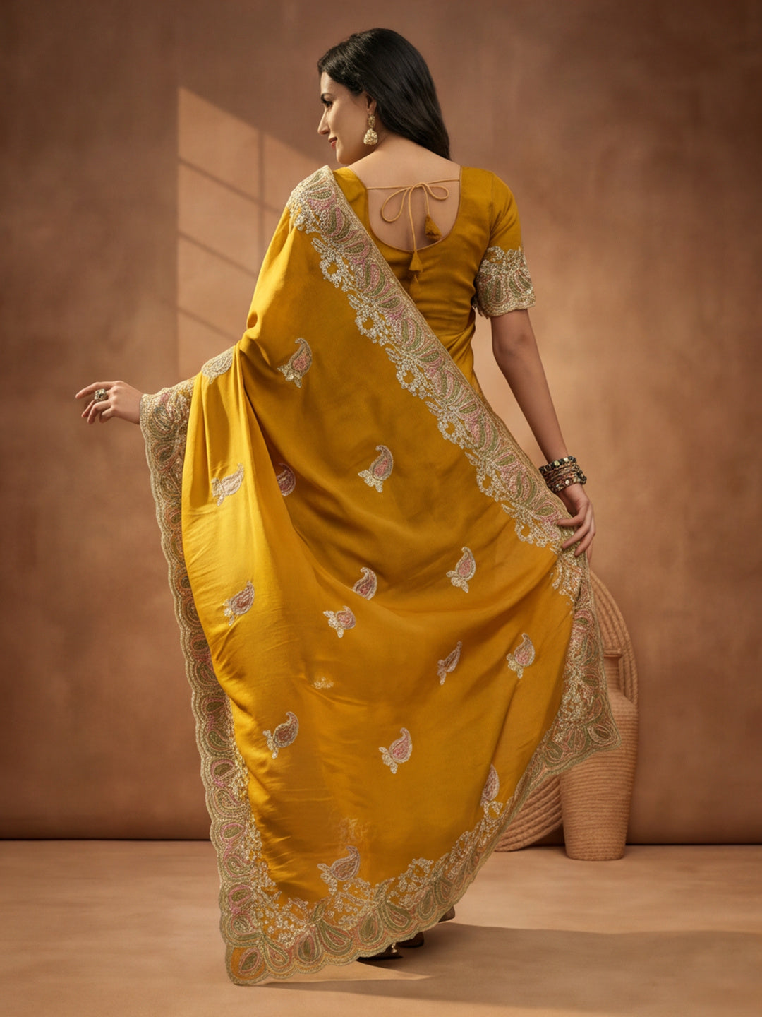Mustard Embroidered Saree with Paisley Motifs