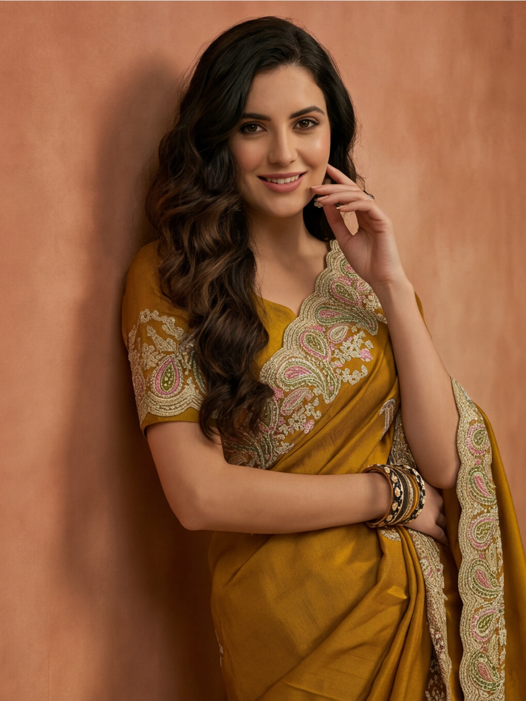 Mustard Embroidered Saree with Paisley Motifs