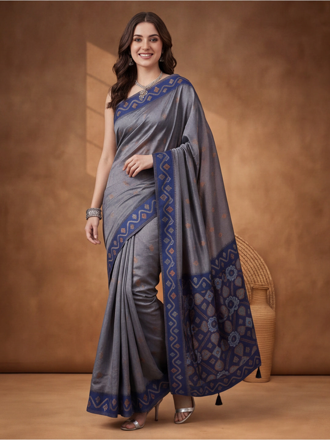 Women Grey Woven Saree with Ethnic Jacquard Border and Designer Pallu