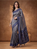 Women Grey Woven Saree with Ethnic Jacquard Border and Designer Pallu