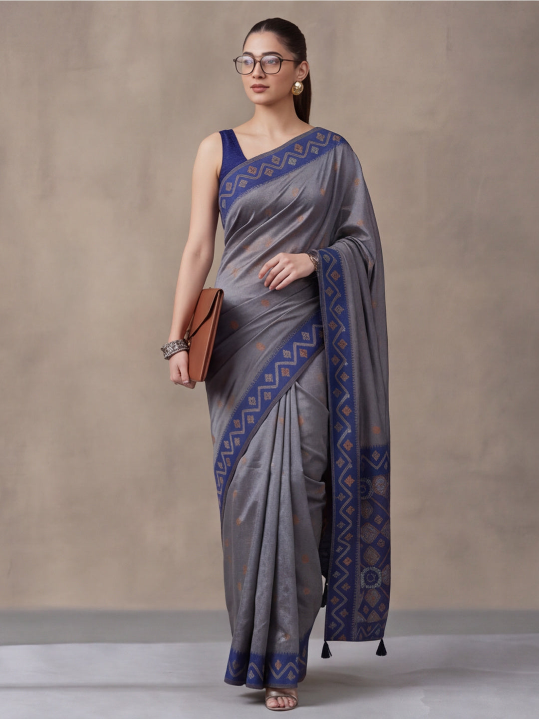 Women Grey Woven Saree with Ethnic Jacquard Border and Designer Pallu