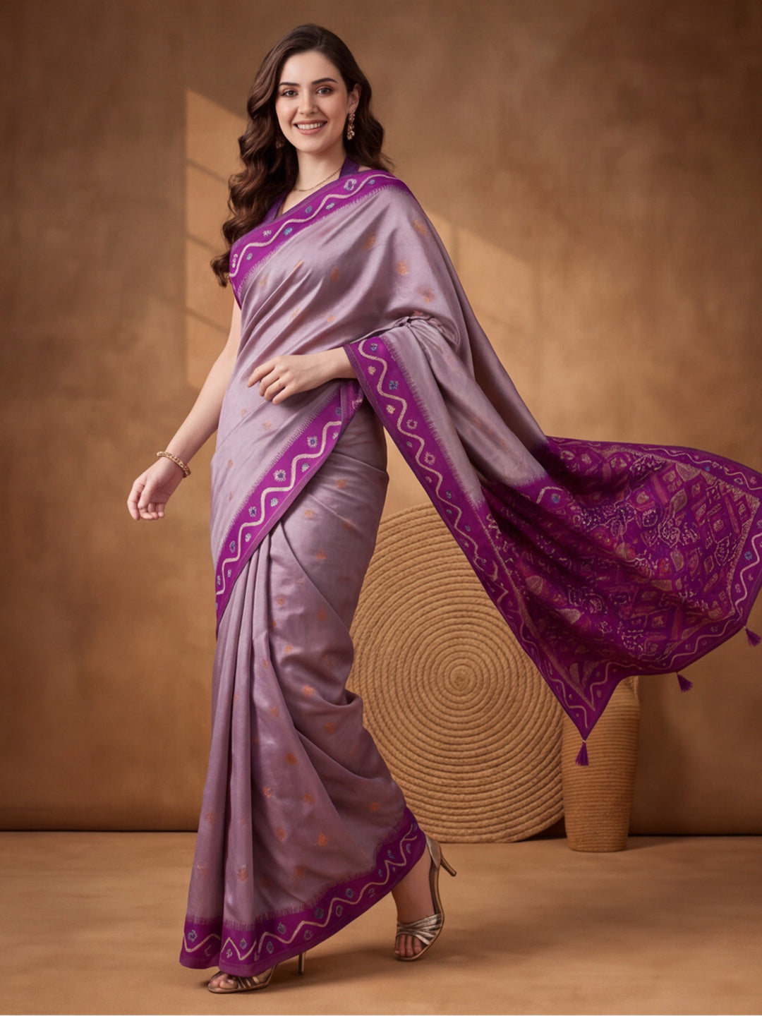 Women Lavender Woven Saree with Ethnic Jacquard Border and Designer Pallu