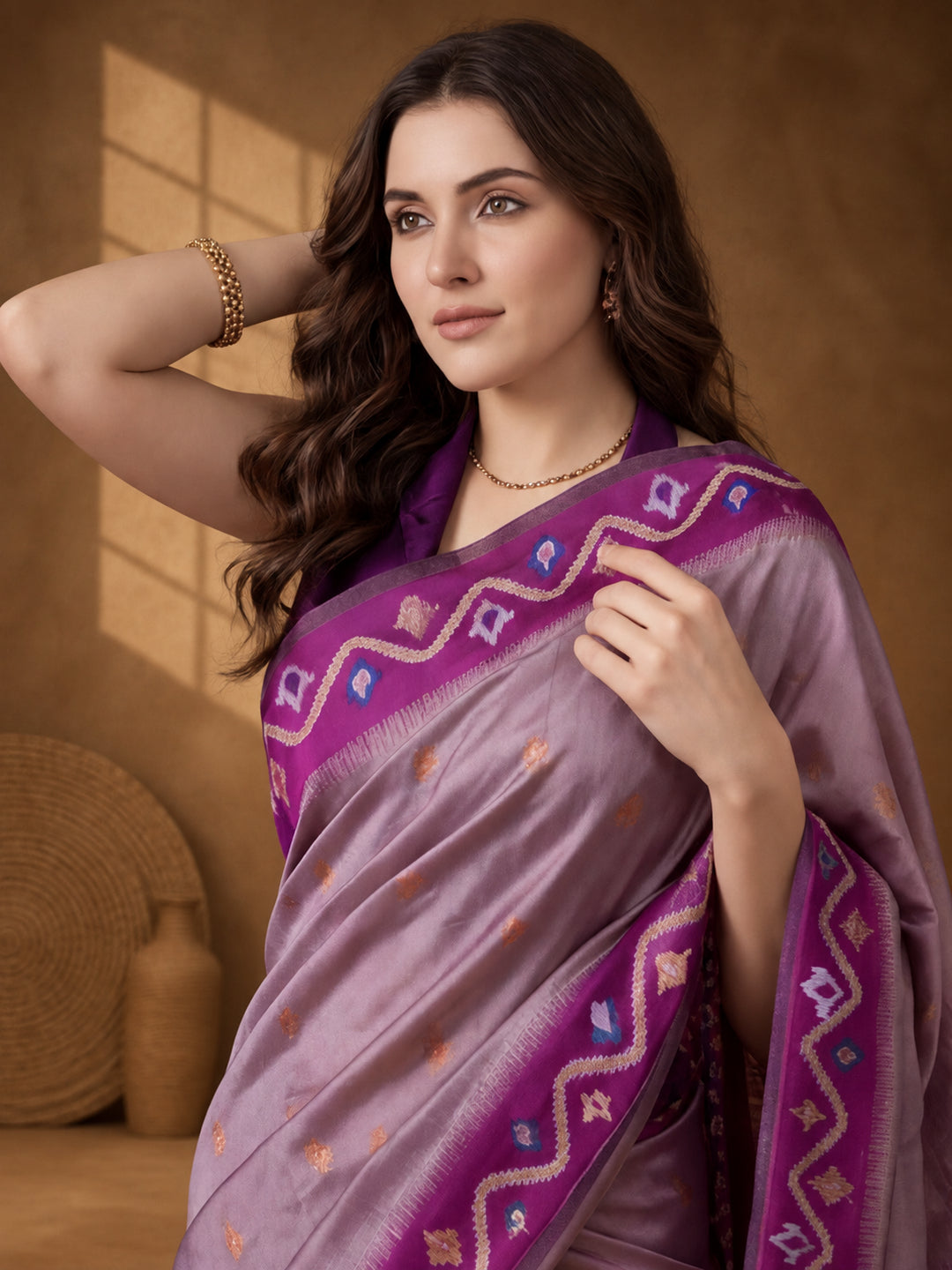 Women Lavender Woven Saree with Ethnic Jacquard Border and Designer Pallu