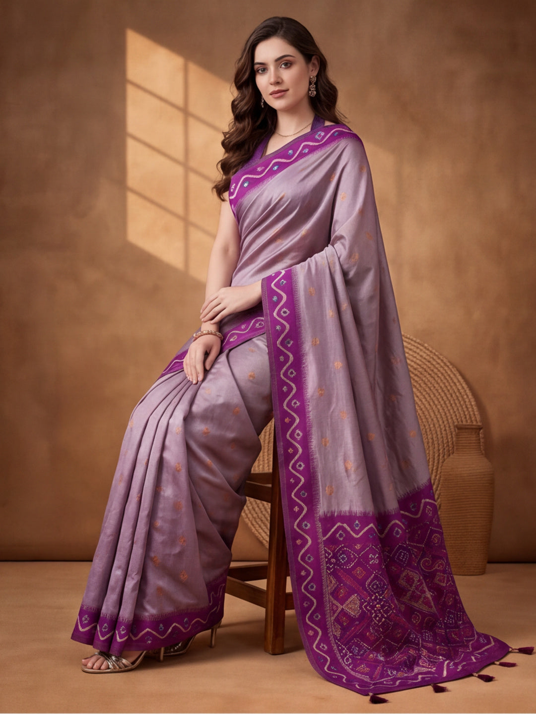 Women Lavender Woven Saree with Ethnic Jacquard Border and Designer Pallu