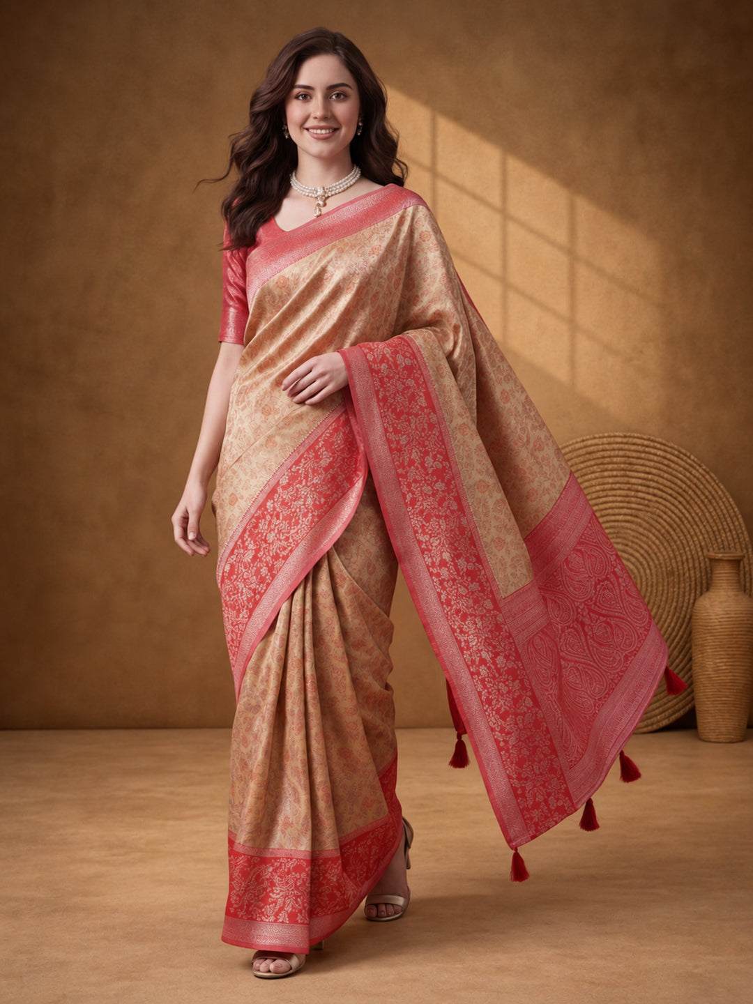 Women Cream & Coral Red Woven Banarasi Saree with Rich Jacquard Border