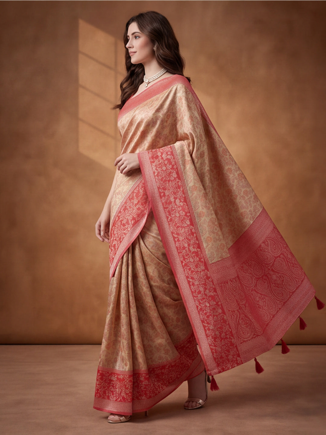 Women Cream & Coral Red Woven Banarasi Saree with Rich Jacquard Border