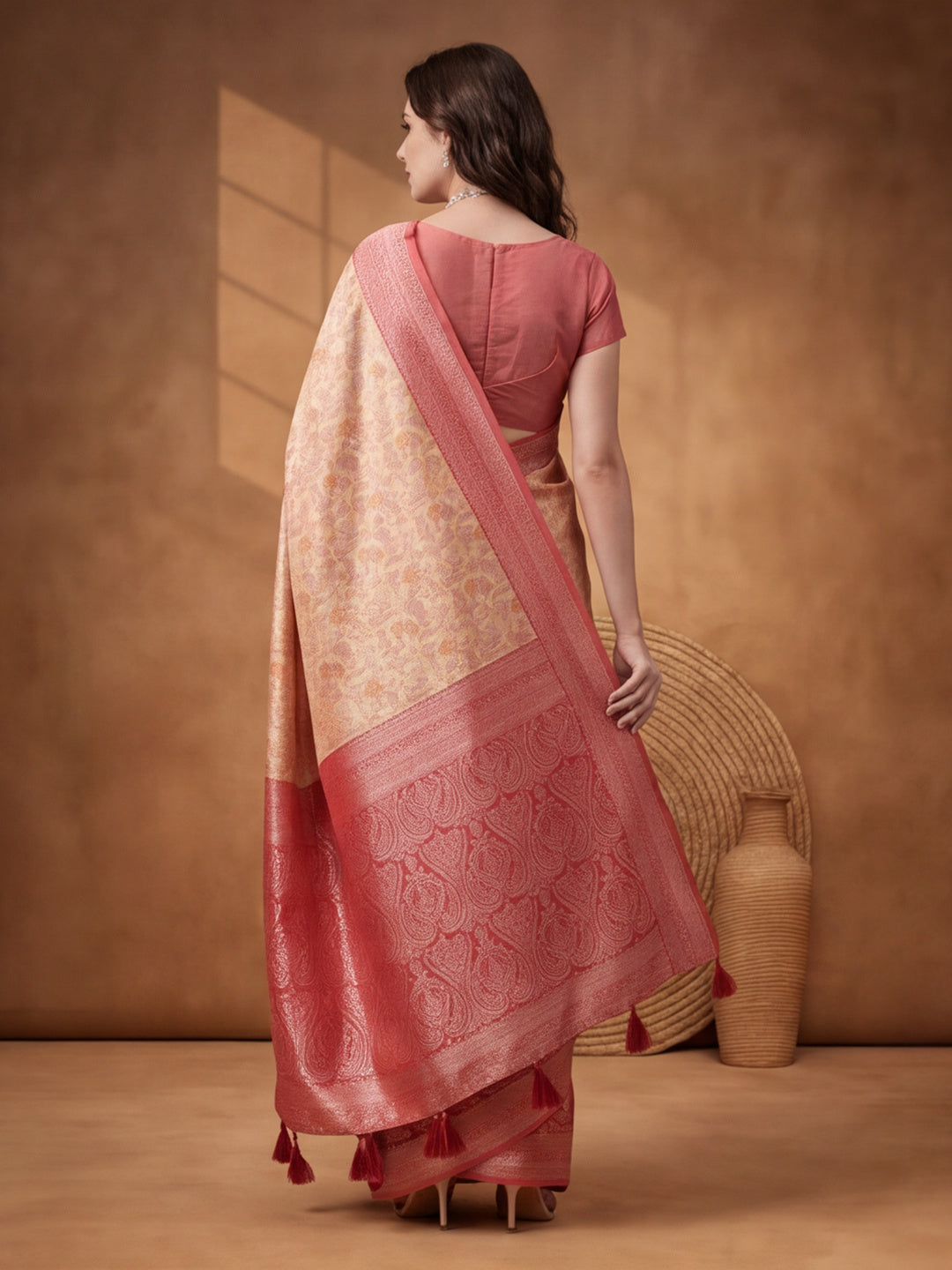 Women Cream & Coral Red Woven Banarasi Saree with Rich Jacquard Border