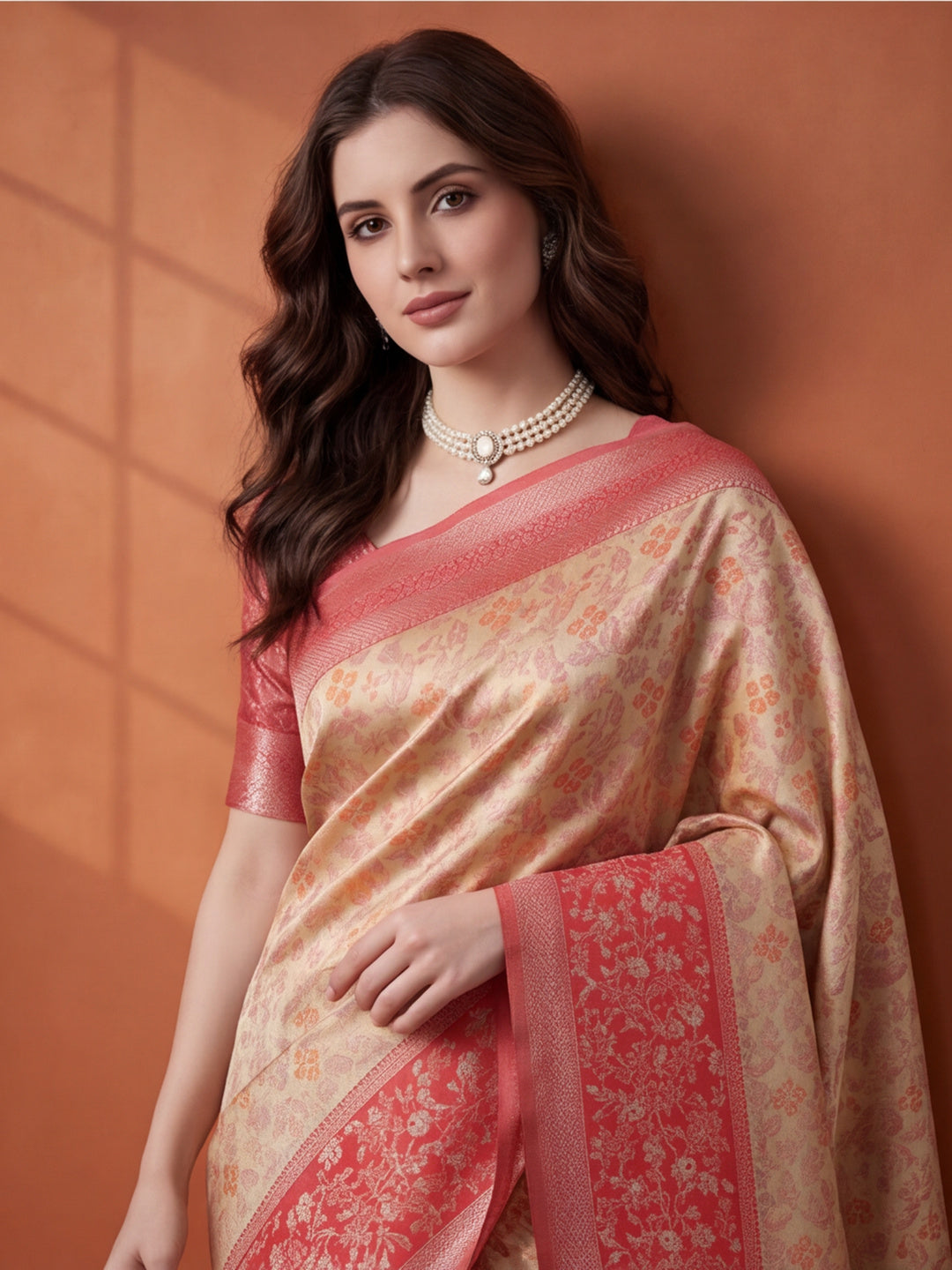 Women Cream & Coral Red Woven Banarasi Saree with Rich Jacquard Border