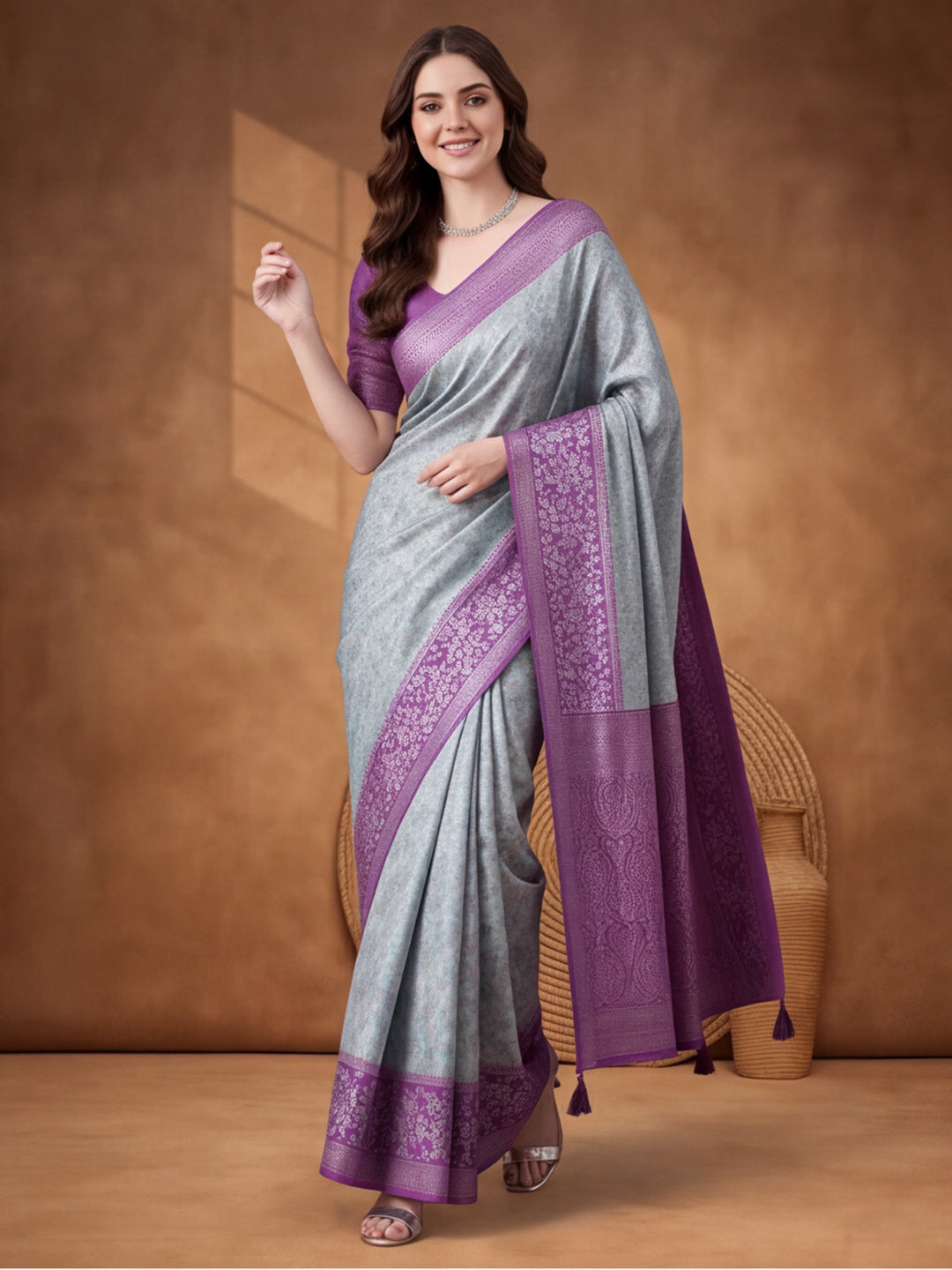 Women Sea Green & Purple Woven Banarasi Saree with Rich Jacquard Border