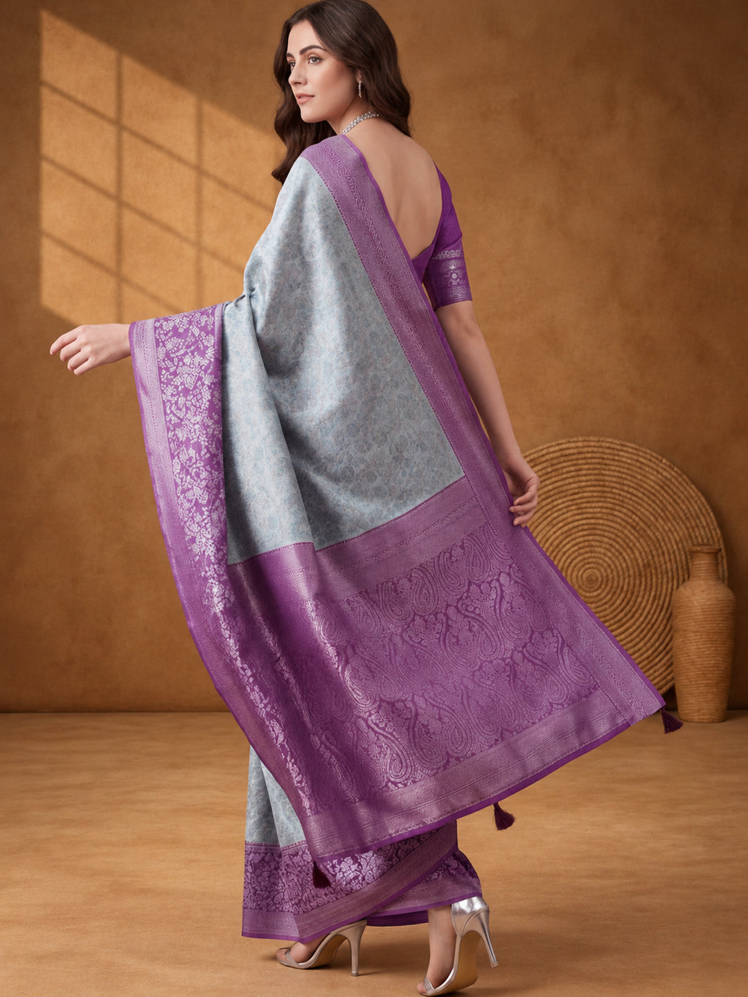 Women Sea Green & Purple Woven Banarasi Saree with Rich Jacquard Border