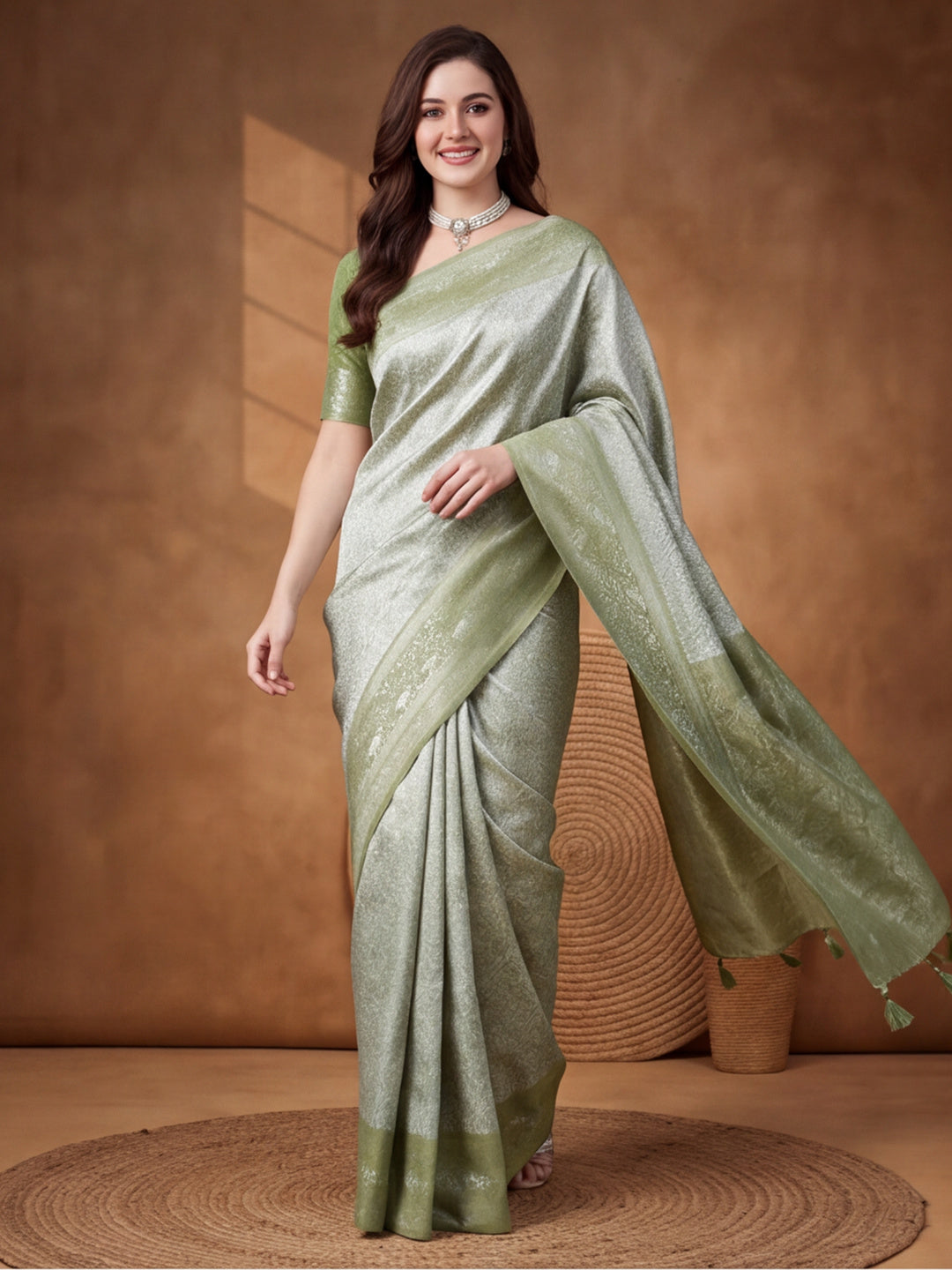 Women Sage Green Jacquard Woven Saree with Rich Ethnic Border and Tassel Detail