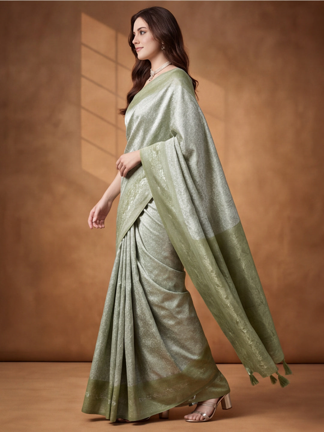 Women Sage Green Jacquard Woven Saree with Rich Ethnic Border and Tassel Detail