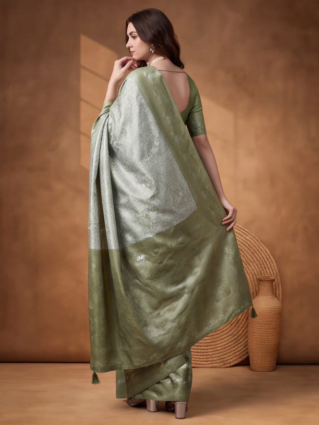 Women Sage Green Jacquard Woven Saree with Rich Ethnic Border and Tassel Detail