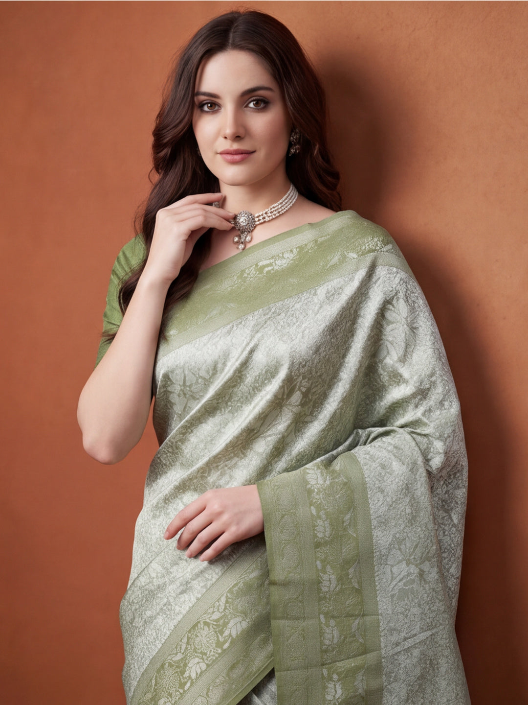 Women Sage Green Jacquard Woven Saree with Rich Ethnic Border and Tassel Detail