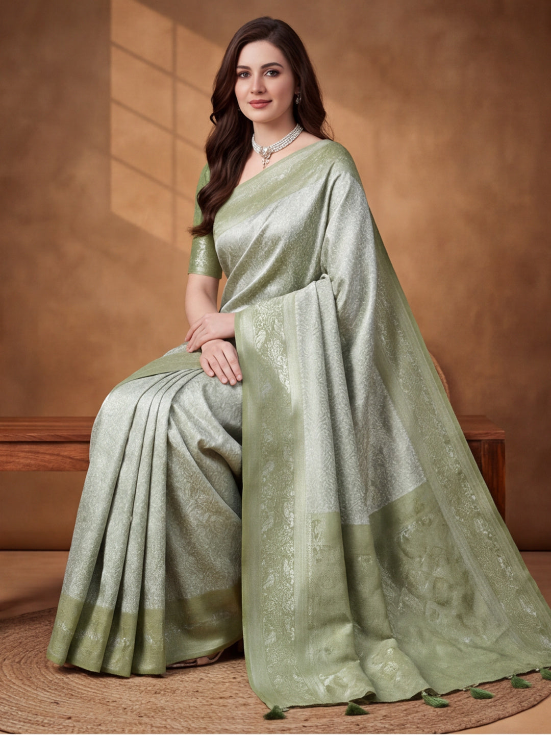 Women Sage Green Jacquard Woven Saree with Rich Ethnic Border and Tassel Detail