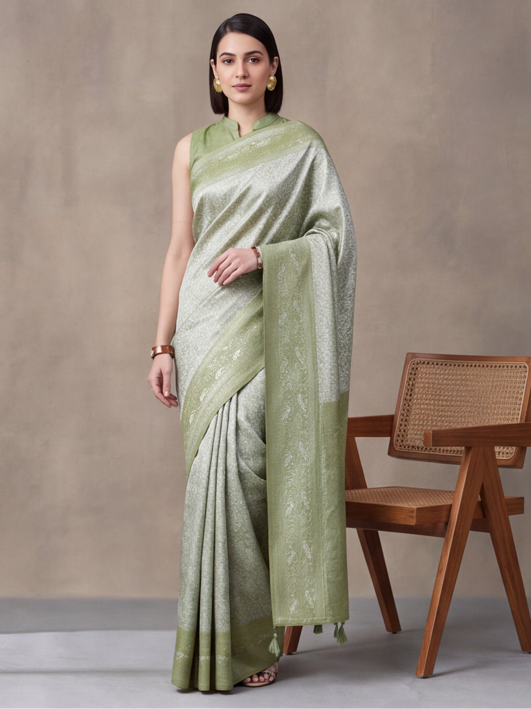 Women Sage Green Jacquard Woven Saree with Rich Ethnic Border and Tassel Detail