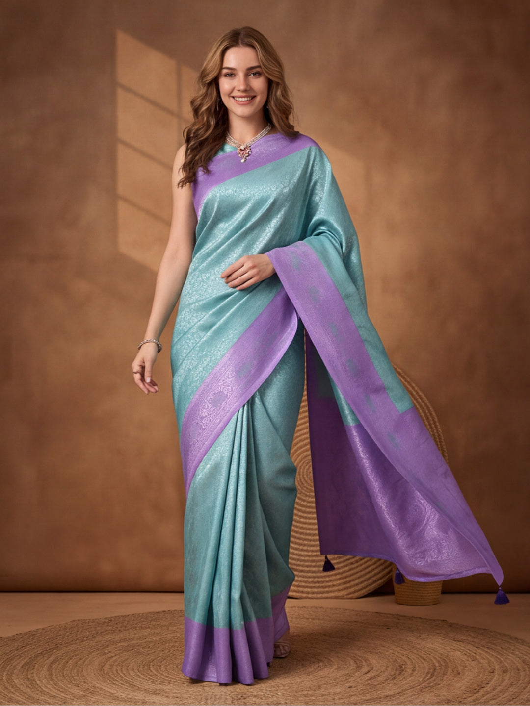 Women Sea Green Jacquard Woven Saree with Rich Ethnic Border and Tassel Detail