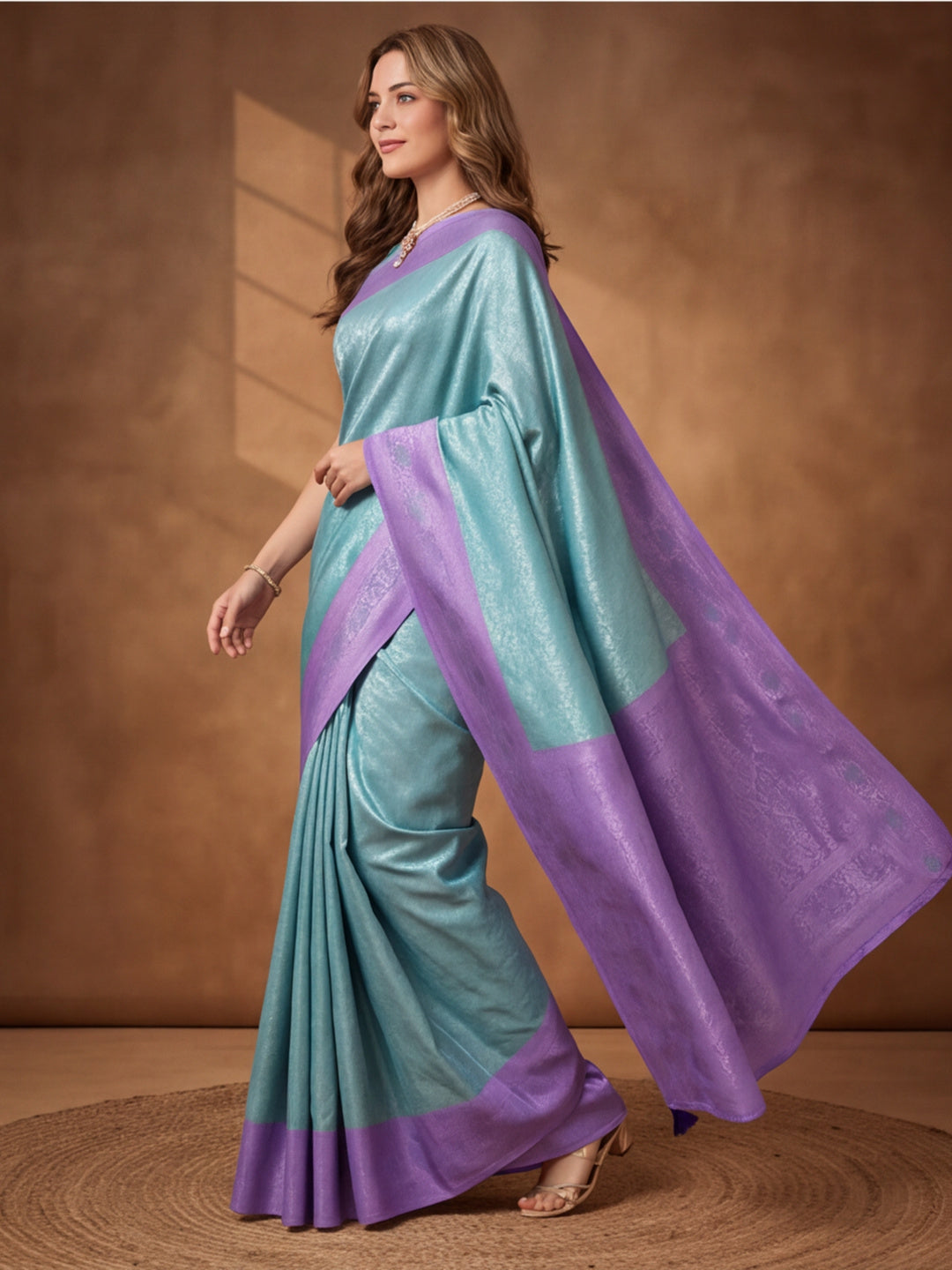 Women Sea Green Jacquard Woven Saree with Rich Ethnic Border and Tassel Detail
