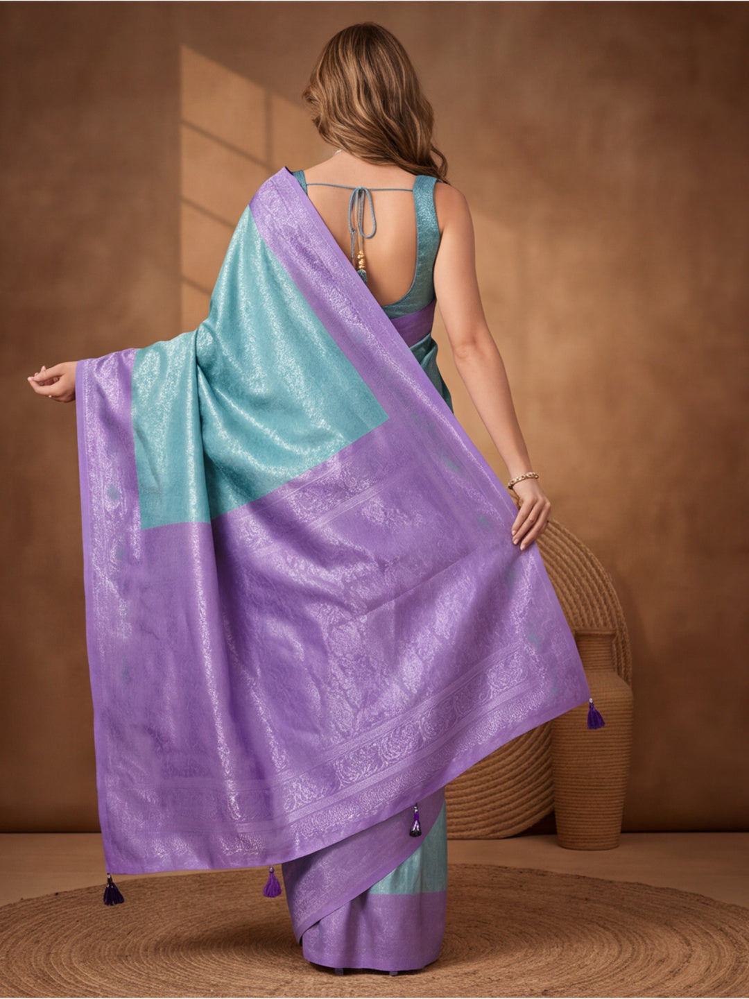 Women Sea Green Jacquard Woven Saree with Rich Ethnic Border and Tassel Detail
