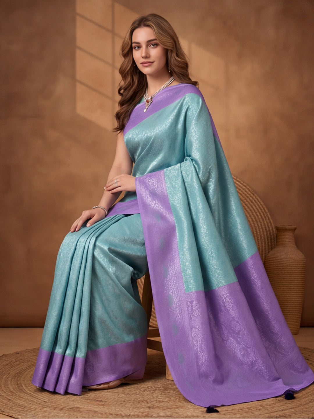 Women Sea Green Jacquard Woven Saree with Rich Ethnic Border and Tassel Detail