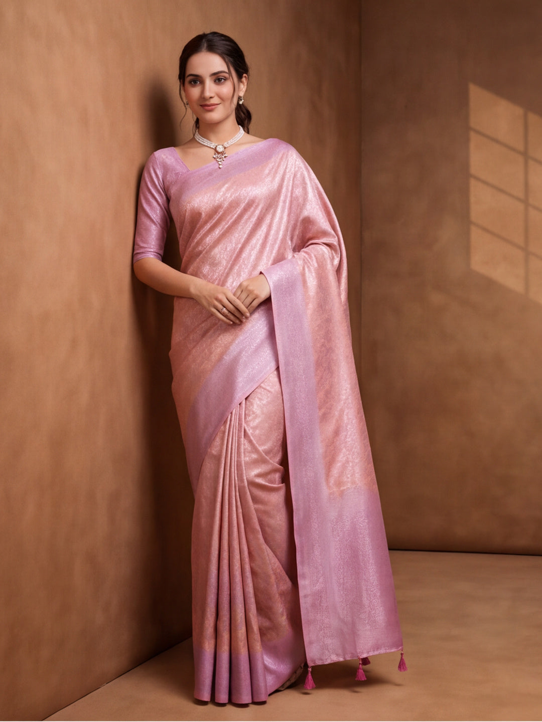 Women Peach Jacquard Woven Saree with Elegant Self Design and Rich Pallu
