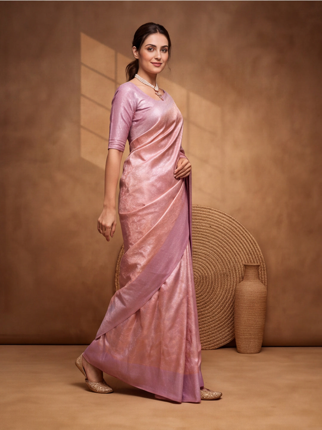 Women Peach Jacquard Woven Saree with Elegant Self Design and Rich Pallu