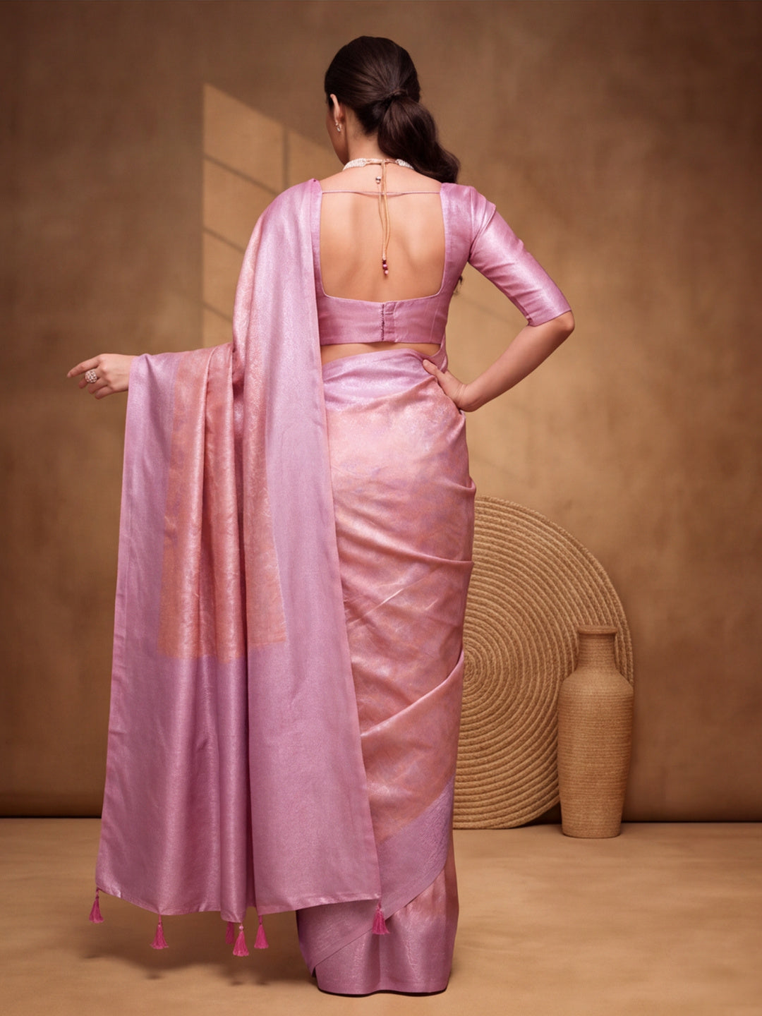 Women Peach Jacquard Woven Saree with Elegant Self Design and Rich Pallu